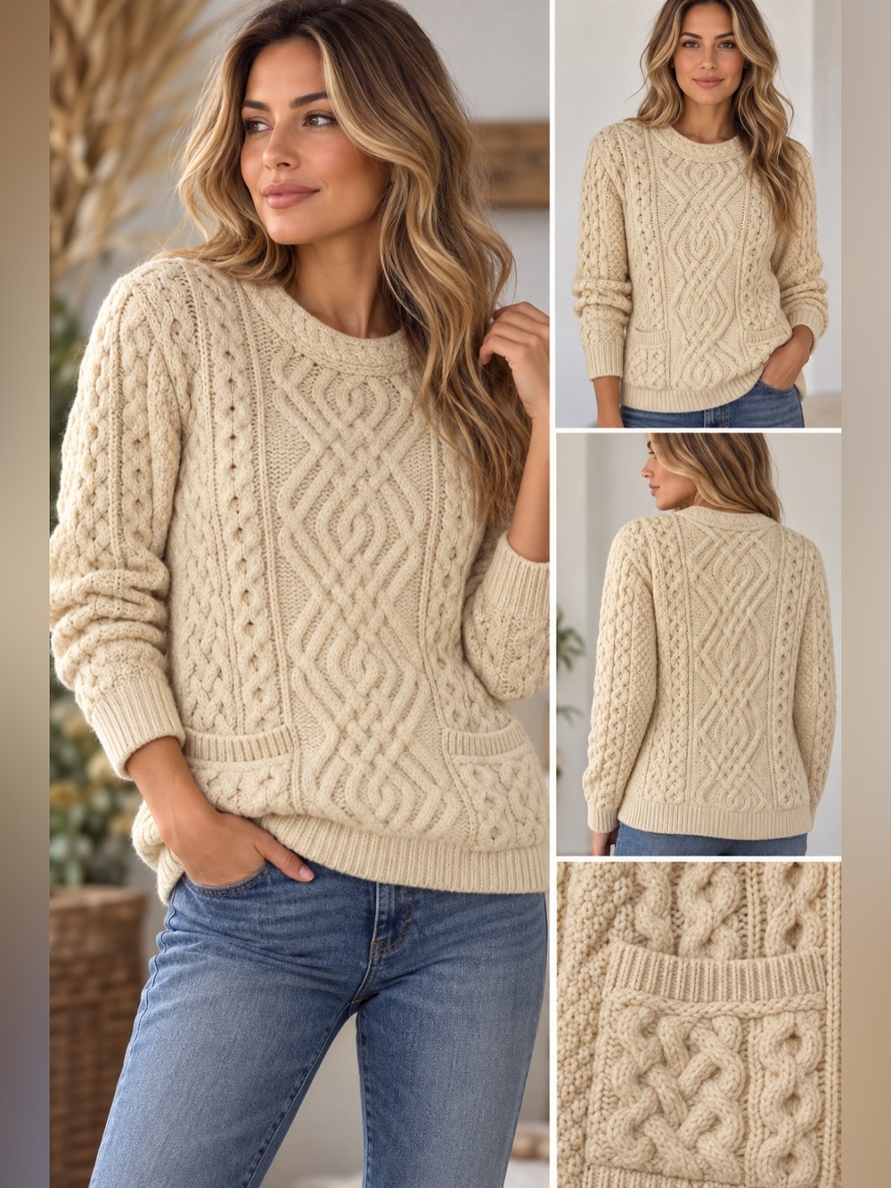 Aran Mor Ireland 100% Merino Wool Cable Knit Fisherman Sweater Cream S